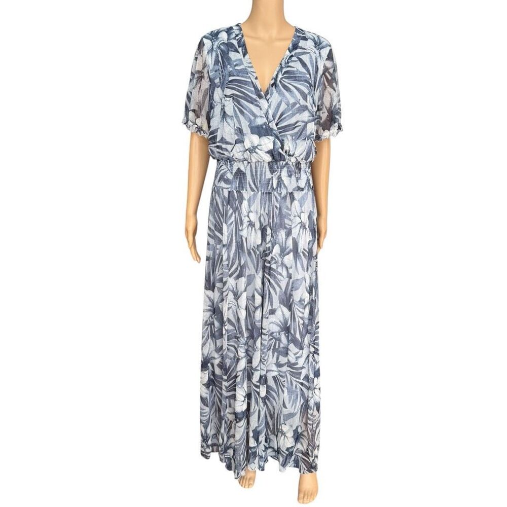 Kate and Lily tropical floral maxi dress surplice V-neck fluttery sleeves sz 14W